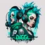 Placeholder: -shirt design, cyberpunk, art boy and girl for style tattoo, blue green hair, headphone, sound system, with text "digi & crew". Grafity style. White background.