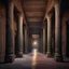 Placeholder: Hyper Realistic traditional ancient pillars & huge dark hallway of a historical Indian palace with peeling wall paints at night