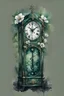 Placeholder: watercolor drawing of a dark Gothic green grandfather clock with emeralds and flowers and white lace, on a white background, Trending on Artstation, {creative commons}, fanart, AIart, {Woolitize}, by Charlie Bowater, Illustration, Color Grading, Filmic, Nikon D750, Brenizer Method, Side-View, Perspective, Depth of Field, Field of View, F/2.8, Lens Flare, Tonal Colors, 8K, Full-HD, ProPhoto RGB, Perfectionism, Rim Lighting, Natural Lighting, Soft Lighting, Accent Lighting, Diffraction Grading