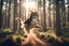 Placeholder: dinamycally jumping antropomorph cat owl in a pine forest in sunshine, ethereal, cinematic postprocessing