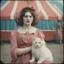 Placeholder: A woman , with a cat, at the circus, autochrome, pink, red orange, blue