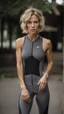 Placeholder: photography of a beautiful anorexic woman, grey satin triathlon top, sports illustrated, blond short wavy bob haircut, pronounced sternum, flat chest, anthracite cycling leggins