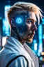 Placeholder: Man with Blonde Hair, small face tattoo, glowing blue cybernetic eye, black right cybernetic arm, white open coat, cyber body, hacker, night, city background, high detail, 4k, small cables protruding from the back