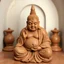 Placeholder: mythical Budda shaped from clay, showing the cracks, curves, and handmade details. Background is a shrine in a small alcove