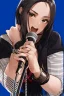 Placeholder: attractive female country music singer leaning forward while holding microphone in one hand, other hand brought up to side of neck, change clothing to plaid in natural tones, leather bracelets on wrists, long hair, mouth open singing, rings on fingers, eyes closed