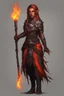 Placeholder: Paladin druid female made from fire . Hair is long and black . It has some braids and it is on fire. Eyes are noticeably red color, fire reflects. Make fire with hands . Has a big scar over whole face. Skin color is dark