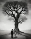 Placeholder: Concept photo, artistic photo, illusion, surrealism, black and white, man in search of meaning, tree