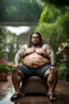 Placeholder: half figure shot photography of a corpulent heavyset gipsy shirtless man, 35 years old in bulging shorts, tattoo, manly chest, short dreadlocks , sweat, wet, relaxing on a chair, in a private elegant garden of a villa, raining nighttime, big shoulders, big tights, ambient occlusion, photorealistic, frontal view from the ground, dim light from little bulbs