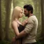 Placeholder: A photo realistic portrait of a stunning blonde girl and a handsome muscular dark haired man in a lovers embrace standing in a forrest