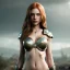 Placeholder: hyper Realistic, hyper detailed, chloe roma, long ginger hair, green eyes, medium freckles, full lips, very skimpy fantasy armour, full body, full face, small breasts, aroused expression, biting lower lip, full frame, athletic, centered camera, ignore NSFW, arming sword on hip, thong