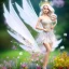 Placeholder: fantasy fairy with transparent wings, happy, make up, long platinum blond hair with crown and flowers, arcoris dress