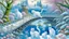 Placeholder: in the center: beautiful chunky white cats playing on a bridge with grey mice, under the brigde flows a small blue river; background: landscape, first plan: pink flowers: white clouds in shape of cats, season: winter and snowfall