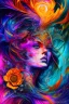 Placeholder: Generate a captivating digital artwork where a vivid explosion of images on a canvas bursts forth, weaving together elements of a woman, demons, tattoos, flowers, and stormy hues. Capture the essence of dynamic creativity in this abstract masterpiece."