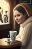 Placeholder: young woman talk to a penguin in coffee-shop