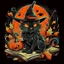 Placeholder: A detailed illustration of a print of a colorful cute black cat rides a broom has orange eyes and it wear witch hat and hold a book and peen next to a cute Halloween Pumpkin, hyper realistic high quality, t-shit desing graphic, vector, carton, contour, fantasy swirls splash, modern t-shirt design, in the style of Studio Ghibli, light white red and green pastel tetradic colors, 3D vector art, cute and quirky, fantasy art, watercolor effect, bokeh, Adobe Illustrator, hand-drawn, digital painting,