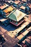 Placeholder: a digital art work, an Indian metro city street, single house, tin roof closeup top view