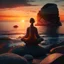 Placeholder: A girl is sitting on the edge of the rocks by the seashore and is meditating. The sun is setting