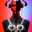 Placeholder: avatar portrait cute cyber alien Figure in a provocative pose,wearing headphones, Raw, gritty, Gothic, t-shirt design, Dark reds and blacks, bright, bloody red , background Distorted or blurred splash, imagery that suggests violence and chaos, t-shirt design, 3D vector art, Defiant, rebellious, aggressive, fantasy art, watercolor effect, bokeh, Adobe Illustrator, hand-drawn, digital painting, low-poly, soft lighting, bird's-eye view, retro aesthetic, focused on the character