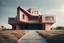 Placeholder: photo from high realistic strange giant asymmetrical weird big house with wide and asymmetrical unique rooftop, muted color, minimalism, random utopistic background, landscape, detailed, sharp focus, cinematic