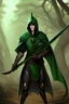Placeholder: A dungens and dragon character human arcane archer, he is tall has dark long hair green eyes and he wears a green hood on his head.He has a longbow in his hand and is in a sneaky pose. made it full frame whith forest in background.