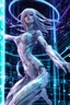 Placeholder: (masterpiece, best quality, highres:1.2), (intricate and beautiful:1.2), (detailed light:1.2), (colorful, front angle), up close futuristic matrix hologram , it's in the form of a 3D statue, emerged in the air, part of the hologram is a stunning anime female, dynamic action pose, emo, goth and dark theme, tight red dress(abstract art gallery background:1.3), (cinematic), ultra realistic kawai, mysterious look