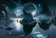 Placeholder: Grey Exoplanet in the hotizon, rocks, Night, lagoon reflection, sci-fi, epic, otto pippel painting