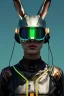 Placeholder: Medium Close Up Portrait, Front image. cyberpunk, rabbit mask, teenager, asian woman, cyber helmet head. Cotton dress. Yellow, black, color. Steampunk style. renaissance ornaments, Color background, photo studio. Front image, highly detailed, concept art, smooth, unreal engine 5, ray tracing, RTX, lumen lighting, ultra detail, volumetric lighting, 3d, finely drawn, high definition, high resolution.