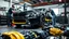 Placeholder: A car repair shop where two people are repairing a black and yellow BMW M6 series with an eye-catching theme in a sophisticated and special repair shop where at the bottom of the image a collection of car engine parts is arranged on the floor