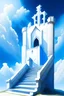 Placeholder: white wall, medieval, blue sky, white cross, white stairs, entrance of medieval castle, large view field, tremendous large wall, league of legend