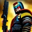 Placeholder: ultra detailed fullbody portrait of JUDGE DREDD (2000 AD) aiming Pistol, extremely detailed digital painting, intrincate, extremely detailed face,crystal clear Big eyes, in the style of Simon Bisley, mystical colors , perfectly centered image, perfect composition, rim light, beautiful lighting, 8k, stunning scene, raytracing