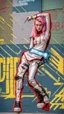 Placeholder: teen woman in retro-futurist cyberpunk costuming with pants and sheathed swords leaning to the side with shoulder against a brick pillar, add a background of brick with graffiti of a large arrow pointing to the right and text of the word "PUB" on lower left