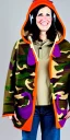 Placeholder: Brunette woman in her 30's. average body type, think thighs and thick calves. Mantle is sewed of recycled Denim and sewed together of camouflage pieces. Printed camouflage figures are orange,terracotta, cream and purple. It is with big bright purple felt tippet and cream-colored-hood. mantle is merged with satchel. . AKG-style headphones (gold rings!) is merged with small felt cap with small visor. Style: Haute Couture in 1936, Paris fashion in 2023, inspired by street art. Cream latex gaiter.