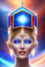 Placeholder: cosmic ufo from the future, one fine whole face, large cosmic forehead, crystalline skin, expressive blue eyes, blue hair, smiling lips, very nice smile, costume pleiadian, rainbow ufo