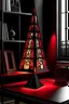 Placeholder: gaming table lamp inspired by burj khalifa tower buliding architecture futuristic-modern stlye. geometric form, red and black color scheme