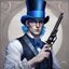 Placeholder: Hyper realistic human male with pale skin and wearing fantasy noble clothes, wearing a top hat with glasses. with blue hair and blue eyes, holding a revolver