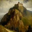 Placeholder: A brown fortress on a mountain painted by Claude Monet