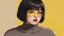 Placeholder: 1girl, solo, short_hair, black_hair, upper_body, yellow_background, looking_at_viewer, sweater, sunglasses, turtleneck, parted_lips, bangs, glasses