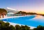 Placeholder: Sunset algarve in quinta do lago, one straight line building of 250 meters long modern luxury architecture with pool on rooftop, with green roofs and sun loungers next to pool, on the left side overlooking far away tennis sport facility and inserted in the Ria Formosa Natural park, on a slope with pinus pinea, a wrap around low speed veicular road