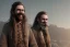 Placeholder: Laughing braided long haired bearded tall man wearing rugged long merchant's coat, medieval fantasy