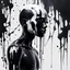 Placeholder: A sihlouette of an inky humanoid male with black and white skin, spilling black and white paint all over the place, dreamy, surreal