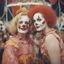 Placeholder: A woman , freckles, with a clown at the circus, 1970s, red, orange, pink, golden