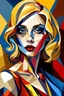 Placeholder: a beautiful woman with golden-ash hair, blue eye, maroon lips, in saree designed in style of cubism, realistic