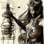 Placeholder: great illustrator, spanish, pencil sketch of a cute girl, beautiful, steampunk syle, black and white. Helmet with tubes. venetian mask. Machinery in the background. robotic birds flying. High details.