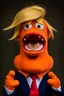 Placeholder: a Film Photograph of a realistic angry orange Donald Trump Muppet made of felt and foam wearing a dark blue suit and red tie and with blonde hair combover, he is old and angry with a round mouth