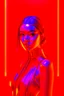 Placeholder: A cyberpunk portrait of beautiful young girl with red dress with a red light reflecting in their cybernetic enhancements.red background all are red