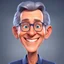 Placeholder: a portrait of smiling wise western man. 40 years old. caricature. gray short hair. wide forehead. light skin. blue eye pupils. elips eyeglasses, thin silver frame. oblong face shape. wear navy blue formal dress. pixar style. 3D. 4k. portrait. highly detailed. sharp focus. high resolution. full color. cinema lighting. with food background