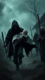 Placeholder: A scary man with black hood carrying a baby and running away in distance from villagers with stick’s chasing the man in dark scary environment