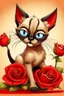 Placeholder: realistic illustration funny goofy, whimsical, caricature of a sleek siamese kitten with brown ears, laying down on its belly, back legs crossed, a paw stretched out in front, holding a red rose in his mouth, flowery background with long pale grass background. Textured painterly fantasy artistic Cartoon