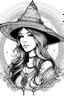 Placeholder: line art, mandala style, fantasy witch girl, women, black and white, no color,