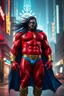 Placeholder: A giant, muscular man with long, flowing, black hair that is blowing in the breeze and blue eyes, goatee, standing on the streets in the neon lit, futuristic City of Xanadu prime, he is wearing a red body suit that forms to his muscular frame, he also wears tight blue trunks on the outside of the suit, he has a gold lightning belt, gold wrist gauntlets, he wears gold, knee-high boots, he wears a blue cape, he as the symbol of Xanadu Prime on his chest, and a thin black leather bandit eye mask,